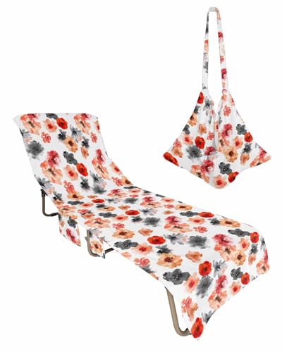 Red Orange Black Spring Floral Beach Lounge Chair Towel Cover, Soft Chaise Lounge Towel with Side Pockets Patio Pool Chairs Cover for Beach/Pool Sunbathing 29x85 Watercolor Botanical Summer
