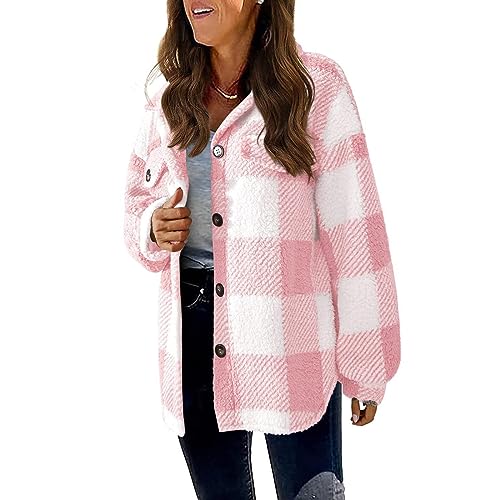 Women's Flannel Shirts 2025 Casual Loose Oversized Long Sleeve Lapel Button Down Fall Plaid Cardigan Shearling Jacket3