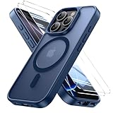 Bruzaio iPhone 16 Pro 用 ケース【強化フィルム2枚付き】Magsafe対応・米軍規格 いphone16pro ケース 半透明 耐衝撃 指紋防止 滑り止め マグネット搭載 ワイヤレス充電 耐久性 全面保護 黄ばみなし あいほん16 Proスマホケース 6.3インチ用，ネイビー