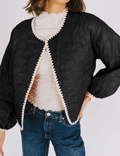 Women's Quilted Jacket Long Sleeve Cardigan Button Coat Fall Outerwear Short Lightweight Padded Coats Pockets (Black-M)2