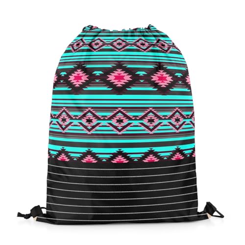 jejeloiu Southwestern Gym String Bag Geometric Drawstring Backpack Tribal Sports Drawstring Sackpack 13"x15.7" Native American Design Blue Pink Waterproof Drawstring Bags2