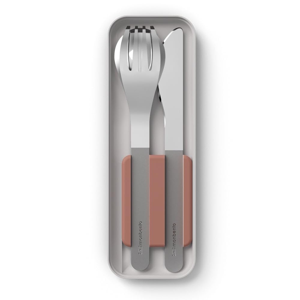 monbento - MB Slim Box Cutlery Set for Bento Box - Pink Moka - Trio Knife - 3 Pieces Fork Spoon Knife