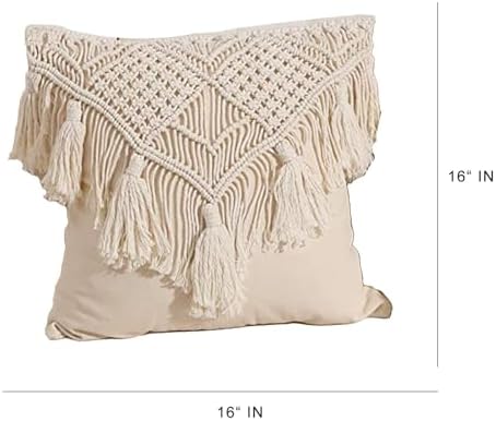 KAAHIRA Handmade Cotton Macrame Cushion Pillow Cover Boho Home Decor Abstract Pattern 16 x 16 Inch in Off White Color - 1 Pcs