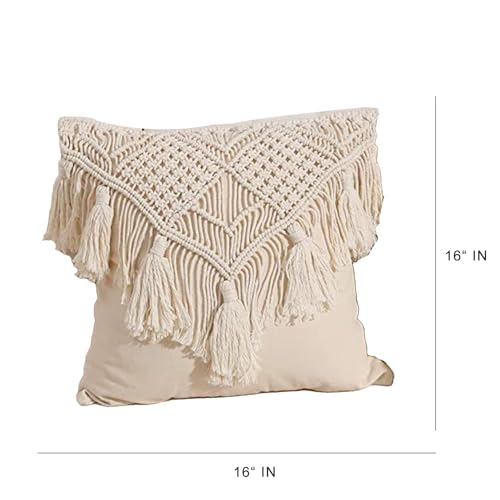 KAAHIRA Handmade Cotton Macrame Cushion Pillow Cover Boho Home Decor Abstract Pattern 16 x 16 Inch in Off White Color - 1 Pcs