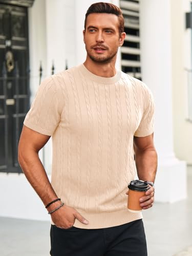 Runcati Mens Knit Short Sleeve T Shirts Casual Crewneck Slim Fit Shirt Cable Knitted Stretch Pullover Tees2