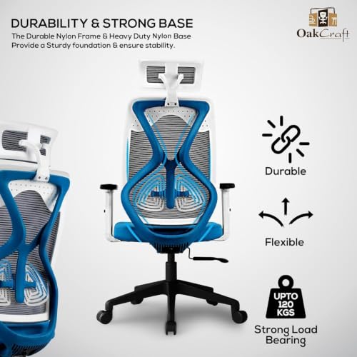 Image of Oakcraft Cyclone Ergonomic Office Chair with Multi-Lock Tilt, Seat Slider, Dynamic Lumbar Support, 4D Adjustable Armrests, 2D Headrest, Breathable Mesh High. (Blue, Hurricane)