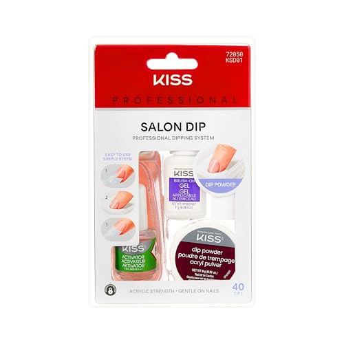 KISS Salon Dip Professional Dipping System Dip Powder Manicure Kit, Brush-On Gel, Dip Powder, Activator, 2 Brushes, Dipping Tray, Cuticle Stick, Sponge, Nail File, & 40 Fake Nails