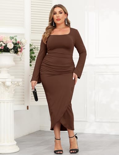 Image of ZOMVA 2024 Plus Size Cocktail Dress Comfortable Bell Sleeves Wedding Guest Square Neck Semi Formal