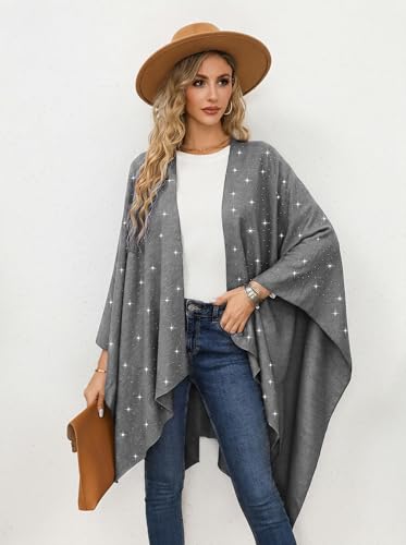 Image of Womens Rhinestones Open Front Poncho Shawl Wrap Cape Ruana Travel Blanket Cardigan