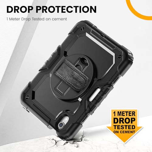 Timecity Case for iPad Mini 6 2021, Case for iPad Mini 6th Generation 8.3 inch, Durable Sturdy Protective Case with Screen Protector, Pencil Holder, 360 Rotating Stand & Handle Strap Case - Black