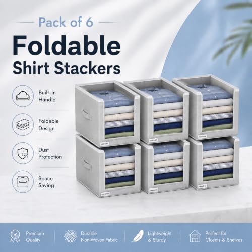 Image of VERVENIX Shirt Stacker Set of 6, Non Woven Foldable Clothes Storage Organizer with Handle, Wardrobe Closet Organizer, Space Saving Cloth Organizer for T-Shirts, Shirts, Jeans, Grey