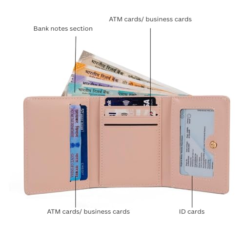 Image of INOVERA (LABEL) Small Tri-Fold Wallet for Women, Girls - Faux Leather Cash, Coin, Card Holder Wallets - Cute Bear and Cherry Print Mini Hand Purse (Pink)