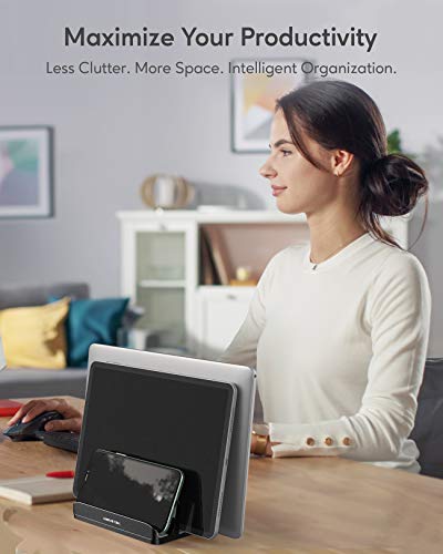 Vertical Laptop Stand - AboveTEK - 3 Slots for Computer, Tablet, Phone - Fits All Laptop Models (up to 17.3\") - Heavy Duty Polished Aluminum Desktop Holder - Anti Slide Silicone Grips - Black