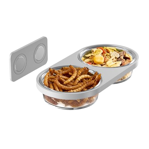 Magnetic Reptile Feeding Ledge with 2 Pack Plastic Bowls Food Feeder Water Dish for Crested Gecko Dwarf Hamster(Gray Magnetic-Mounted)