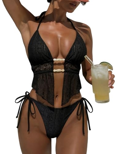 Image of ZAFUL Halter Swimsuits for Women Textured Backless 2 Piece Bathing Suits Cheeky High Cut String Tie Side Bikini Sets