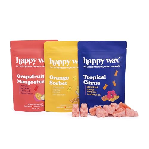 Happy Wax Citrus Mix Natural Soy Wax Melts - 6oz Total - Three 2oz Pouches Including Tropical Citrus, Orange Sorbet & Grapefruit Mangosteen