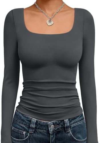 Trendy Queen Womens Square Neck Long Sleeve Shirts Double Lined Fall Tops