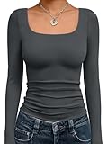 Trendy Queen Womens Long Sleeve Shirts Crop Scoop Neck Tops Fall Fashion Solid Going Out Basics Tees Y2k Clothes 2026 Gray XS