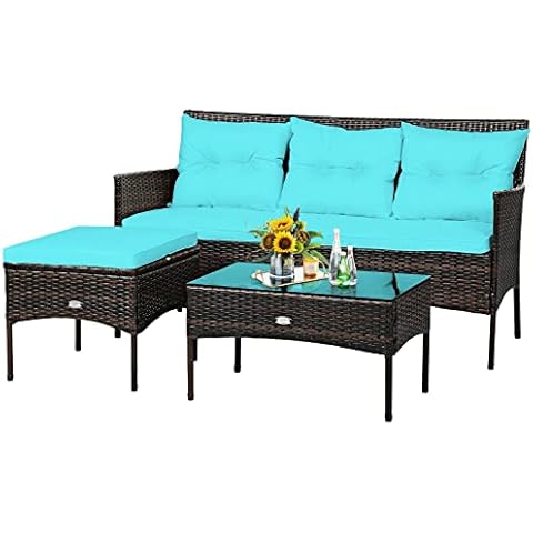 ZJXGW 3 PCS Patio Rattan Furniture Set 3-Seat Sofa Cushioned Table Turqouise Suitable for Poolside, Backyard and Garden, Etc Cover