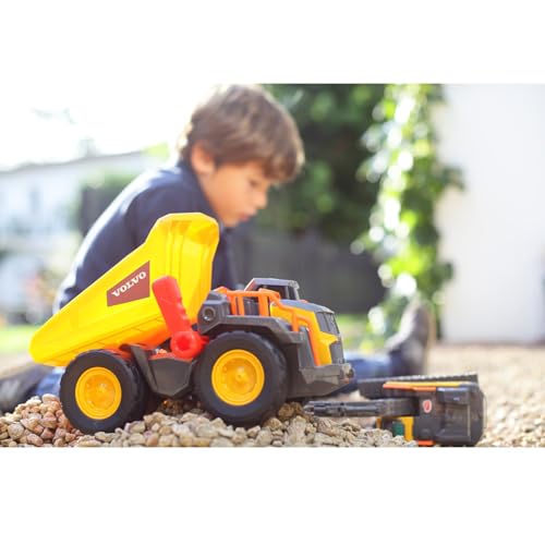 Dickie Toys Volvo Spielzeug Kipplaster mit Gewichtserkennung, Weight Lift Truck, LKW Kipper, erkennt 3 verschiedene Gewichtsstufen, bewegliche Ladefläche, Licht & Sound, inkl. Batterien, 30 cm, Gelb/Grau