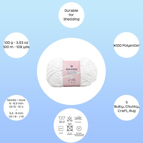Image of Cuddly Velvet Chenille Yarn, Super Soft Fluffy Bulky for Knitting Crocheting Crafting Blanket Amigurumi, Durable for Shedding, 100 Gram (3.53 Ounces) 109 Yards (100 Meters) (White)