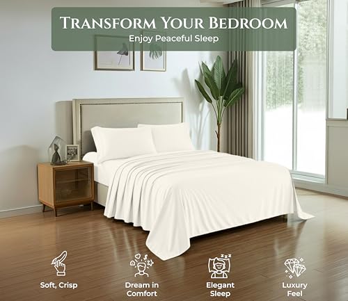 Image of ROYALE LINENS 100% Organic Cotton Twin Sheet Set - 16 inch Deep Pocket Bed Sheets - Eco Friendly Ivory Bed Sheets - Sabanas Twin - 1 Flat, 1 Fitted & 1 Pillowcases - Ivory Sheet Set - Cotton Bedding Sets