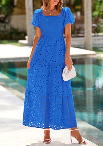 Image of PRETTYGARDEN Summer Dresses for Women 2026 Eyelet Square Neck Puff Sleeve Smocked Wedding Guest Maxi Dress with Pockets