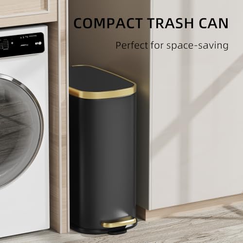 Image of KUK Small Bathroom Trash Can with Lid Soft Close, Step Pedal, 2.6 Gal Stainless Steel Garbage Can with Removable Inner Bucket, Anti-Fingerprint Wastebasket for Office, Bedroom, Toilet (Black)