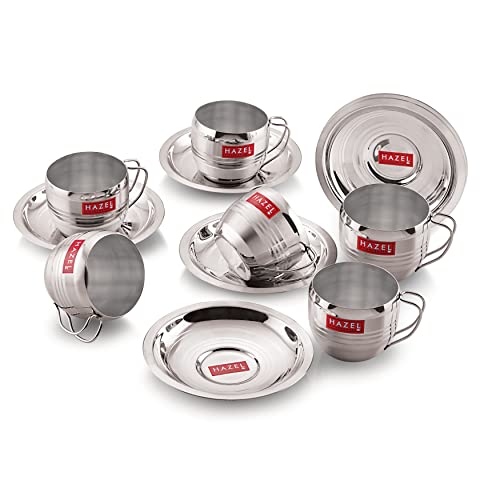 HAZEL Stainless Steel Cup & Saucer Set of 6 | 170?ml Unbreakable Tea/Coffee Cups & Saucers | Stainless Steel Mugs & Saucer Set