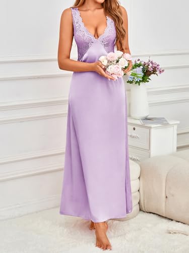Image of WDIRARA Women's Satin Sleepwear Nightgown | Lace, Backless, Deep V Neck, Sleeveless, Long