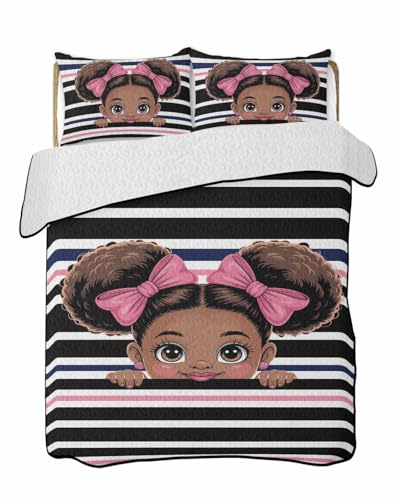 African Black Girl Pink Bow Queen Quilt Bedding Set,Summer Quilt Lightweight Quilted Coverlet with 2 Pillow Shams, Black White Stripes 3-Piece Bedspread Quilt Set for All Season