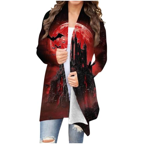 Women Halloween Cardigan Long Sleeve Open Front Print Fall Lightweight Crochet Medium Length Coat 2025 Casual