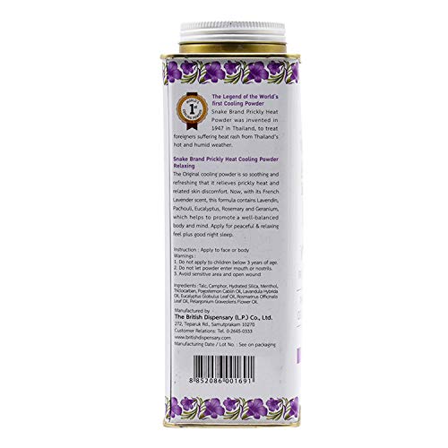 Image of Snake Brand Prickly Heat Cooling Powder French Lavender 280 g - Instant Cooling & Soothing Heat Rash Relief, Relaxing Aroma