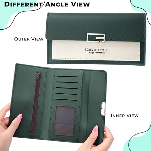 Image of Kraptick Women's Wallet - Stylish & Compact Clutch Purse, Card & Coin Holder with 13 Slots, Money Organizer & Travel Wallet for Women (Green)