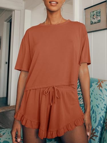 Image of Tankaneo Womens 2 Piece Shorts Set Summer Casual Short Sleeve T Shirts Drawstring Ruffle Shorts Pajamas Lounge Set