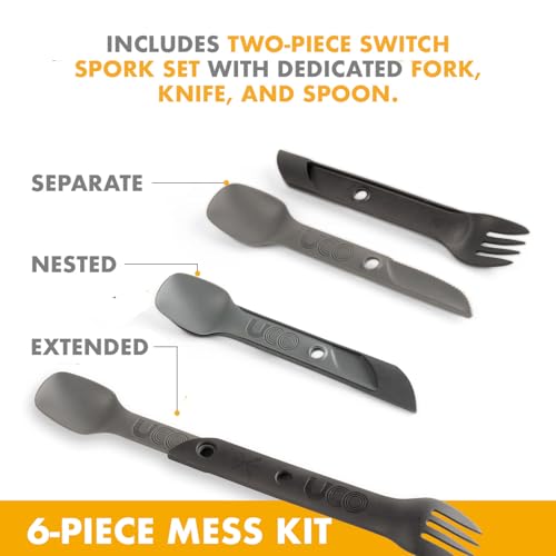 UCO Kit de bagunça de acampamento de 6 peças com tigela, prato, copo dobrável e garfo de acampamento