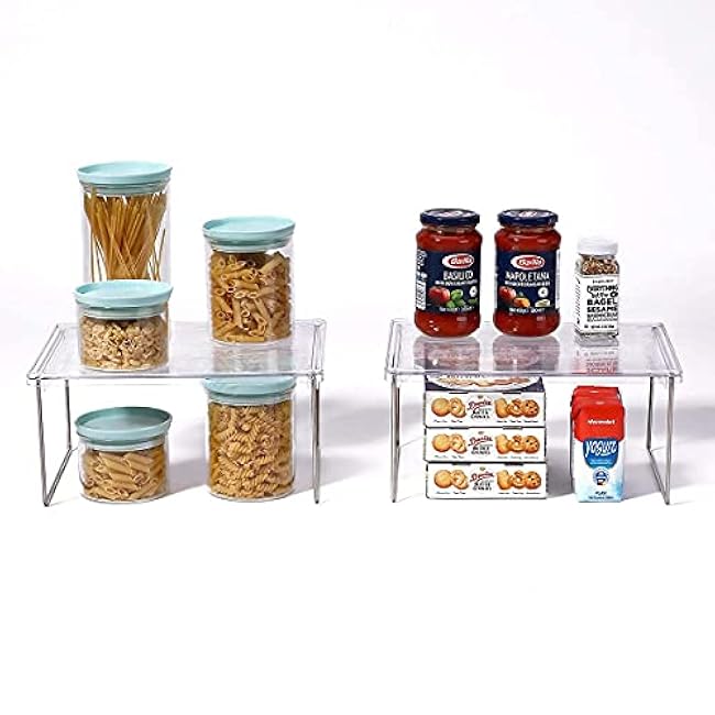 Pantry Organizer, Cabinet Storage Shelf Rack, Stackable Kitchen Cabinet, Foldable Countertop Shelf Organizer, 2 Pack