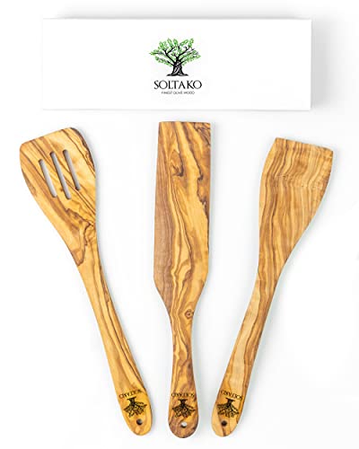 SOLTAKO Ustensiles de Cuisine en Bois d’Olivier, Lot de 3 Spatules de Cuisine en Bois Antiadhésives, Résistant à la Chaleur, Cuisine Accessoires, env 30cm