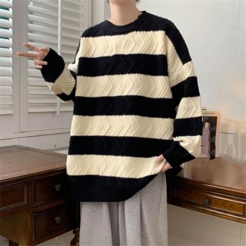 Men's Loose Knit Pullovers Striped Crew Neck Knitted Sweater Casual Warm Streetwear4