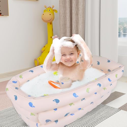 Image of AirSwim Inflatable Baby Bathtub with Built-in Air Pump, Portable Bathtub for Babies 1-5 Years Old, Small Ball Pool, Foldable Bath Tub for Travel, 30.7 x 14.6 Inch (Whale)