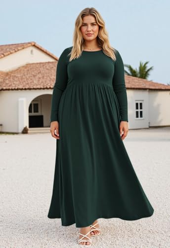 Image of Nemidor Plus Size Maxi Dress for Curvy Women Fall Casual Loose Long Sleeve Dresses with Pocket 14-26
