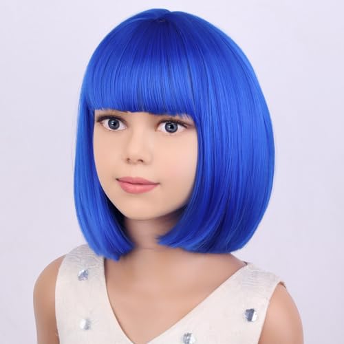 Image of PATTNIUM Kids Blue Wig Child Blue Bob Wig Short Blue Wig for Girls Colored Wigs Dark Blue Bob Wig Cosplay Party Synthetic Rose Net Daily Wear Wig(Dark Blue)