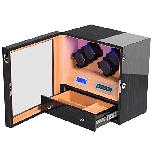 Watch Winder For 4 Automatic Watches, With Built-In Big Storage Drawer And Blue Illumination, Luxury Wood Watch Winder, Super Quiet Japanese Motors, Flexible Watch Pillow Fit Lady And Man Watches #TOP7