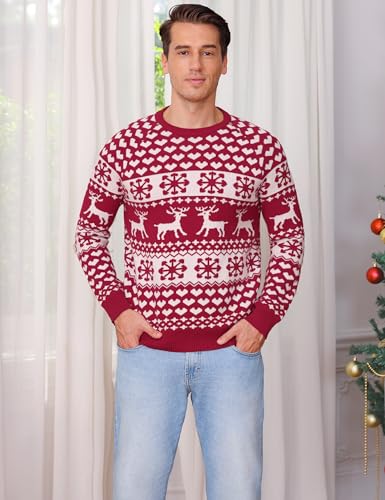Image of Totatuit Family Matching Christmas Sweater Round Neck Reindeer Snowflakes Ugly Knitted Sweater Pullover for Men Women