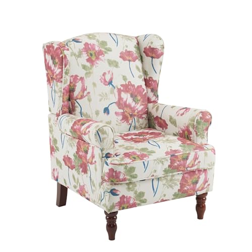 YOLENY Floral Accent Chair, High Back Upholstered Armchair with Solid Legs, Leisure Single Sofa Chair for Living Room, Bedroom, Home Office, Pink Floral