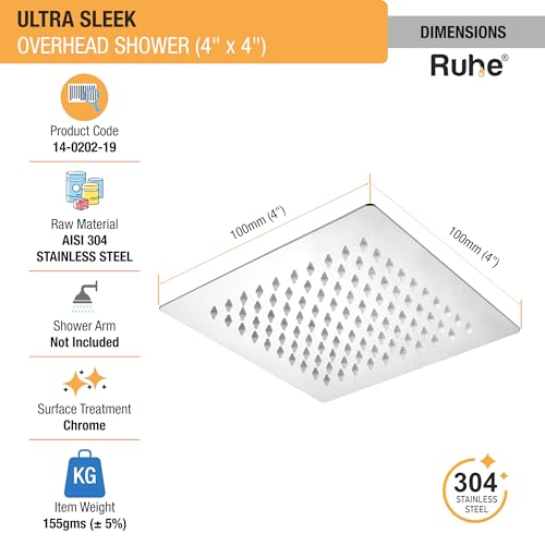 Image of Ruhe Ultra Sleek 304-Grade Stainless Steel Overhead Shower with Chrome Finish| 4x4 Inches Rain Shower for Bathrooms| Powerful Square Showerhead with Easy-to-Clean Silicone Nozzles| WITHOUT SHOWER ARM
