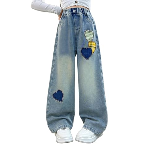 Y2K Cute Baggy Heart Print Jeans for Girls Kids High Waisted Straight Wide Leg Elastic Waist Pull On Jean Pants 8-14 Years