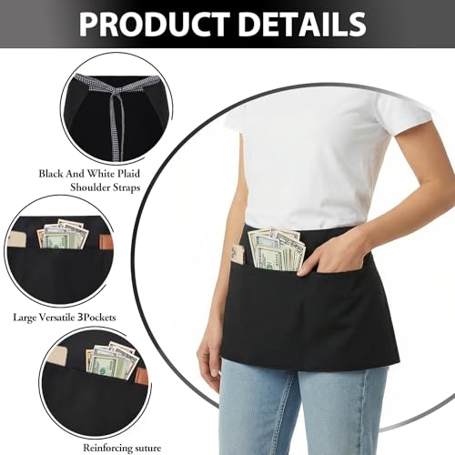 Image of BOHARERS 3-Pocket Waist Apron With Black And White Plaid Shoulder Straps - Black Waitress Waiter Server Short Aprons