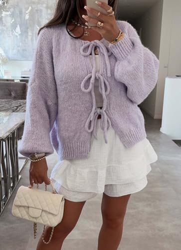 Image of chouyatou Women's Cute Bow Knot Cardigan Fall Casual Oversized Ribbed Knit Sweater Cardigan Tops