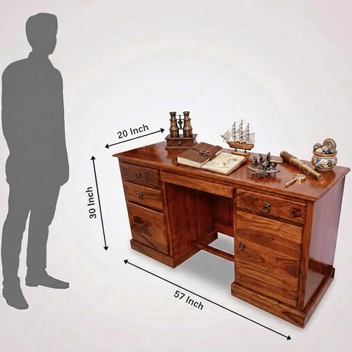 Image of Solid Sheesham Wooden Study Table for Students Big Size with 4 Drawers & 1 Cabinets Study Desk Table Office Table for Work from Home Writing Office Desk Computer (Honey Finish)